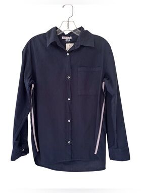 Evereve Sundry Navy Side Stripe Trim Button Down Shirt Top With Chest Pocket XS